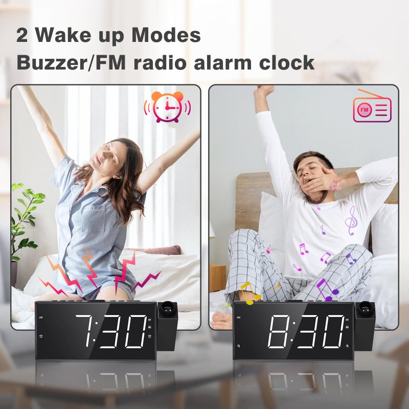 Mesqool Projection Alarm Clock with FM Radio,Large Number Display & Dimmer,USB Charger,Sleep Timer,Battery Backup,Dual Alarms,Clock Radio for Bedroom Heavy Sleepers - Image 3