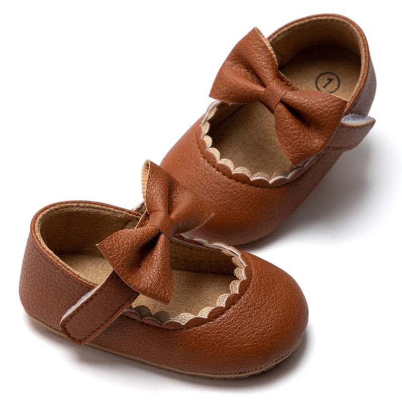 HsdsBebe Infant Baby Girls Mary Jane Flats Bow Non-Slip Soft Sole Princess Toddler First Walkers Sneaker Wedding Dress Shoes(HM1628 Brown,2) - Image 1