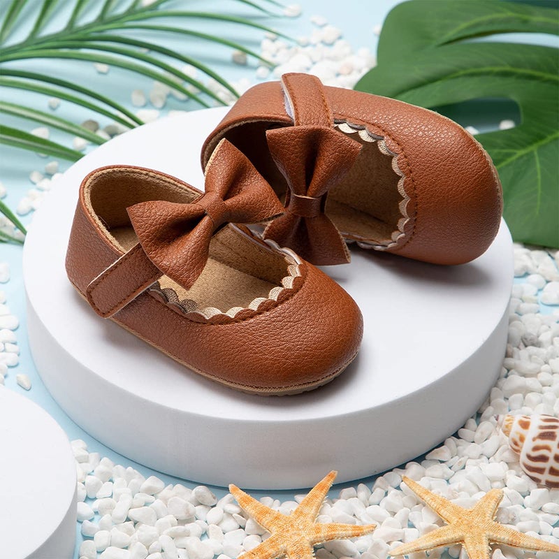 HsdsBebe Infant Baby Girls Mary Jane Flats Bow Non-Slip Soft Sole Princess Toddler First Walkers Sneaker Wedding Dress Shoes(HM1628 Brown,2) - Image 3