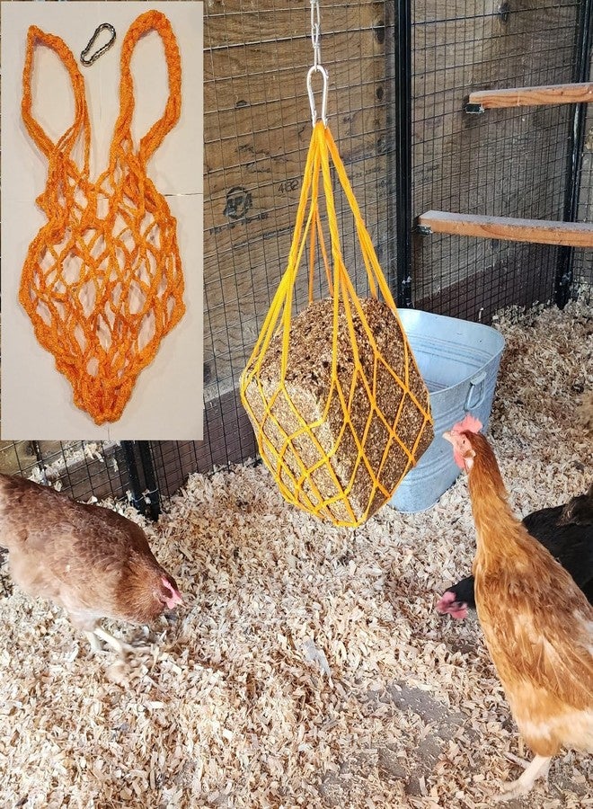 Muzzys Orange Chicken Coop Flock Block Bird Seed Hanging Bag Veggie Treat Holder - Poultry Feeder Toy Accessories Cabbage Bowl Sack - Holds 25 lb Pound Bird Seed Blocks, Poultry Run Wildlife Feeder - Image 1