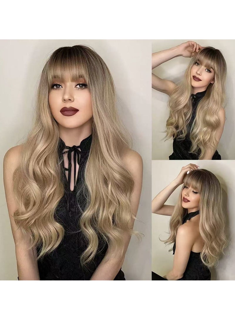 Long rolled wig with bangs, suitable for women, natural and soft synthetic heat-resistant wig, suitable for daily wear at wedding role-playing parties, white gold 68 cm (26 inches) - Image 1