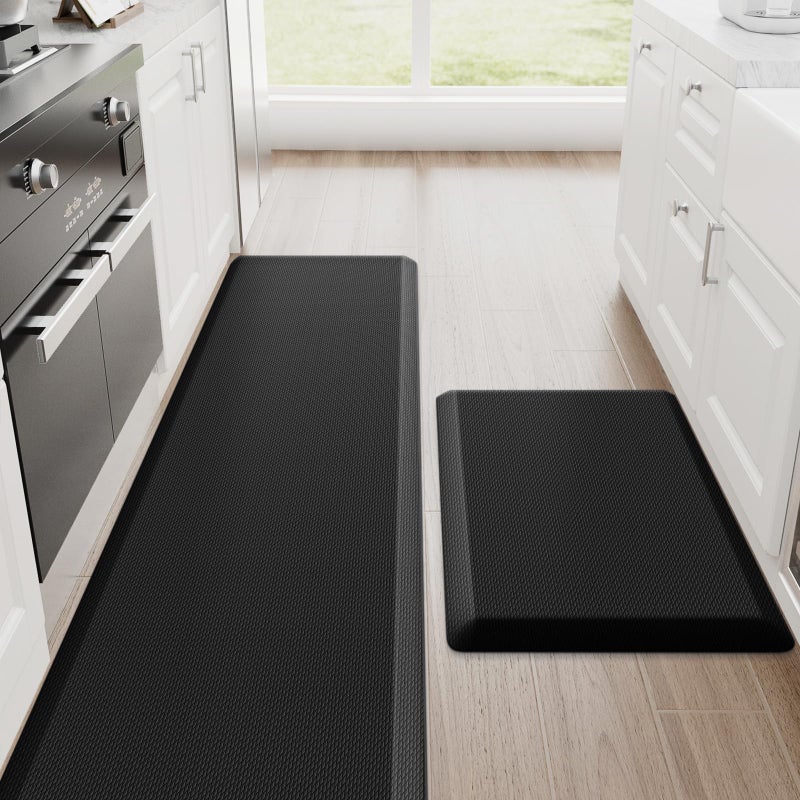 StepRite Kitchen Mats, 2PCS Kitchen Rugs, Cushioned Anti Fatigue Kitchen Mats for Floor, Non-Slip Standing Desk Mat, Waterproof Kitchen Rug Set for Kitchen, 20" x 32"+20" x 72"-Full 1 inch Thick,Black - Image 1