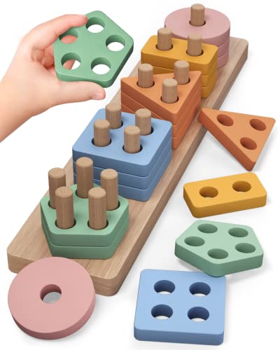 PEBIRA Montessori Toys for 1 2 Year Old Wooden Sorting and Stacking Toys for Toddlers Baby Shape Sorter and Color Stacker Blocks for Toddler Preschool Learning Toy Gift for 1218 Month Boys Girls - Image 1