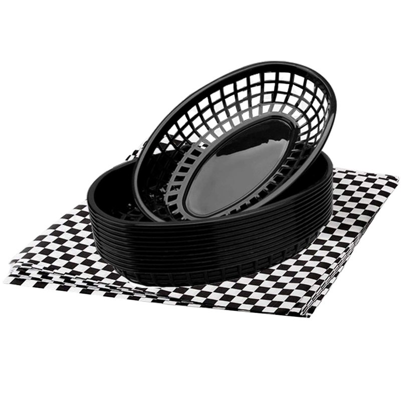 FEOOWV Retro Style Fast Food Basket 12Pk and Checkered Deli Liner 100 Pk Combo Fast Food Basket Are Dishwasher Safe Disposable Deli Paper Squares for Easy Cleanup Black