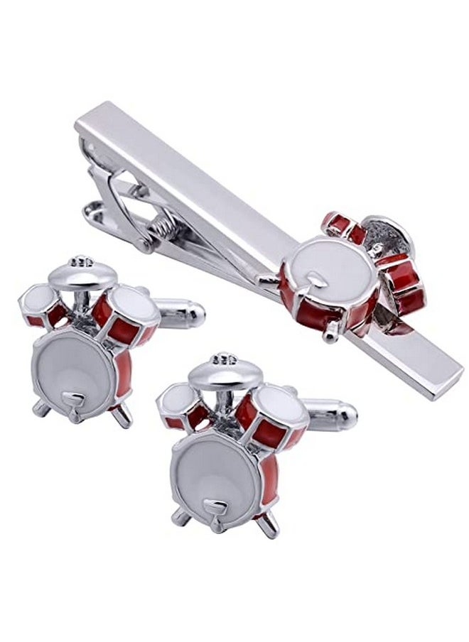 Jonwo Drum Kits Men Cufflinks And Tie Clip Set Silver Tone Regular Necktie Tie Bar Clip Cuff Links For Music Fans Anniversary (Drum Kit Cufflinks & Tie Clip Set)  - Image 1