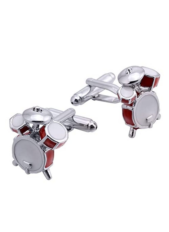 Jonwo Drum Kits Men Cufflinks And Tie Clip Set Silver Tone Regular Necktie Tie Bar Clip Cuff Links For Music Fans Anniversary (Drum Kit Cufflinks & Tie Clip Set)  - Image 3