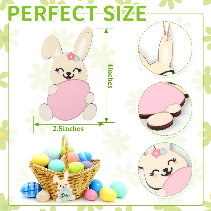 Hedeey 8 Pieces Easter Basket Tags, Color Bunny Shape Wooden Design Easter Basket Name Tags, Personalized Easter Tags with Twine, Easter Gift Tags for Home Room Decoration Hanging Ornaments (Colorful Bunny) - Image 2