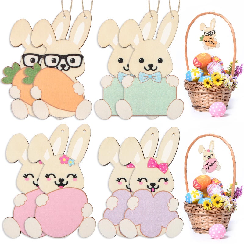 Hedeey 8 Pieces Easter Basket Tags, Color Bunny Shape Wooden Design Easter Basket Name Tags, Personalized Easter Tags with Twine, Easter Gift Tags for Home Room Decoration Hanging Ornaments (Colorful Bunny) - Image 1