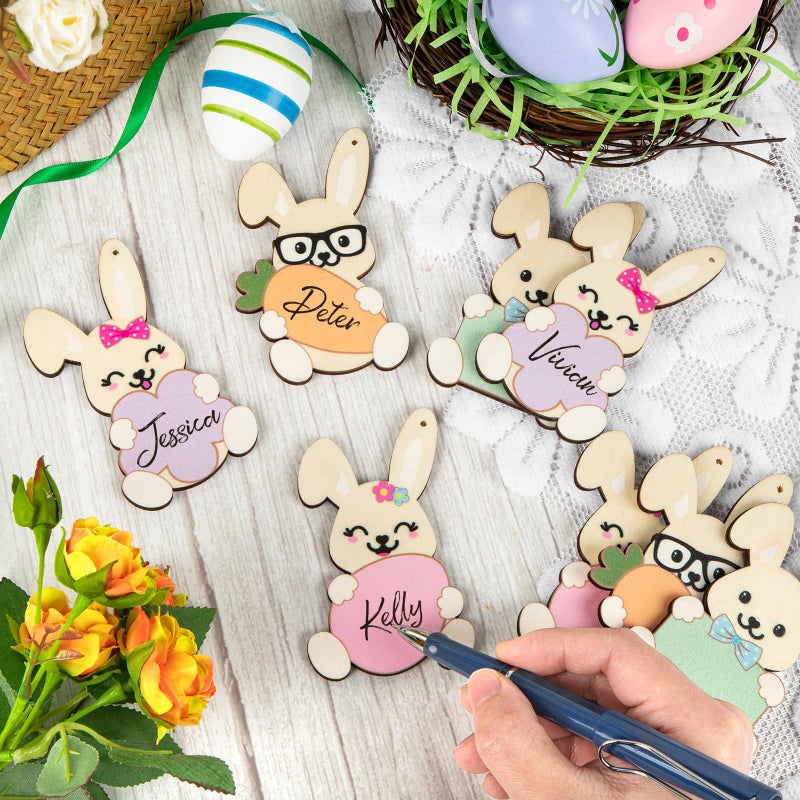 Hedeey 8 Pieces Easter Basket Tags, Color Bunny Shape Wooden Design Easter Basket Name Tags, Personalized Easter Tags with Twine, Easter Gift Tags for Home Room Decoration Hanging Ornaments (Colorful Bunny) - Image 3