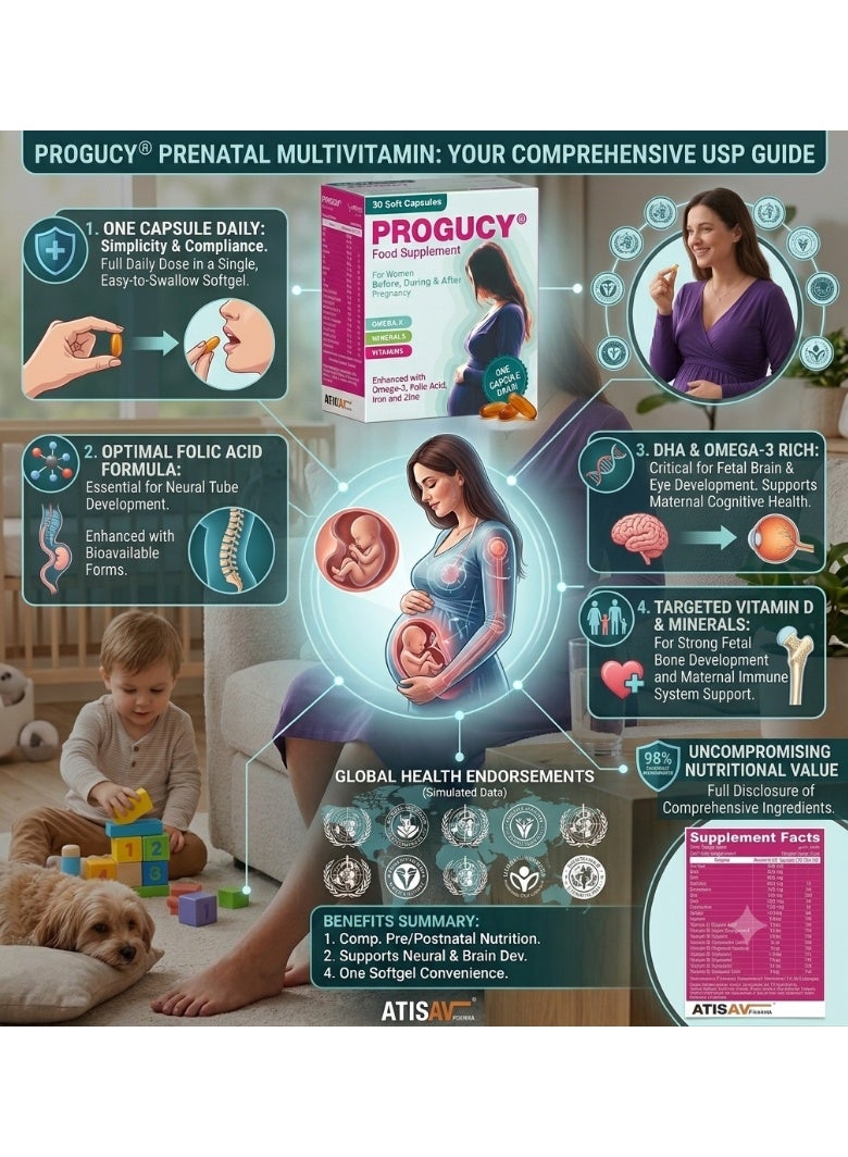 Atisav Pharma PROGUCY Prenatal Multivitamin with DHA & EPA | Pregnancy & Breastfeeding Vitamins with Folic Acid, Vitamin D & C | Omega 3 Prenatal Supplement for Women | 30 Soft Capsules - Image 4