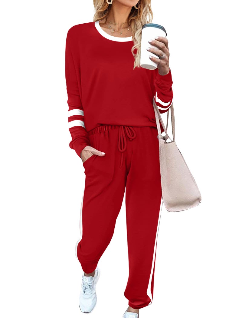 Aloodor 2 Piece Outfits for Women Sweatsuits Sets Pajama Set Lightweight Cozy Tops Red M