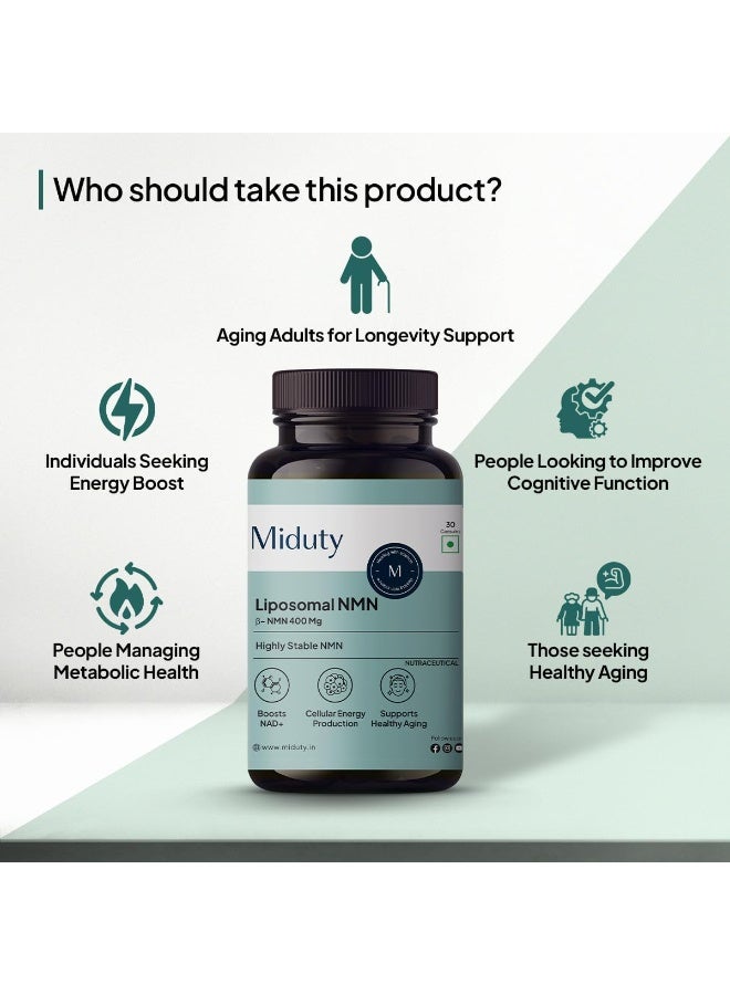 Miduty Liposomal NMN 85% Highly Stable 400 mg Supplement | Nicotinamide Mononucleotide for Anti-Aging, NAD+ Support & Cellular Health | Beta-NMN Capsule | 30 Capsules - Image 2