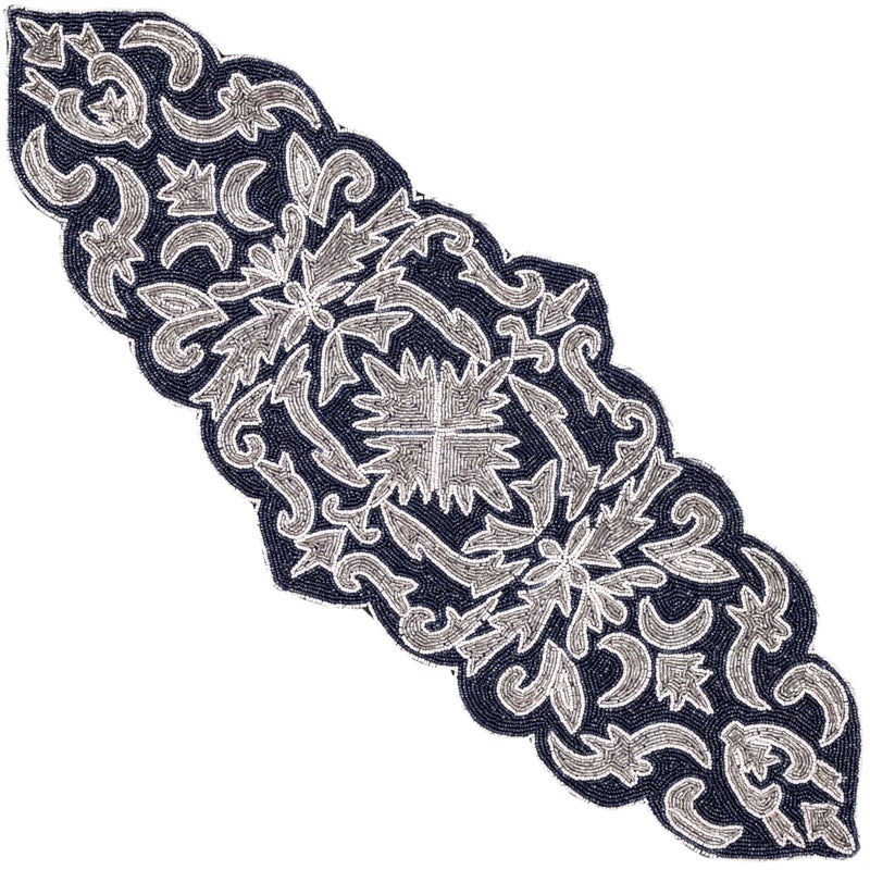 CLEENTABLE  Elegant NavySilver Beaded Table Runner  36x13 Handcrafted Glass  Polyester Dining Decor  Luxury Table Centerpiece for Weddings Holidays  Modern Home Accents