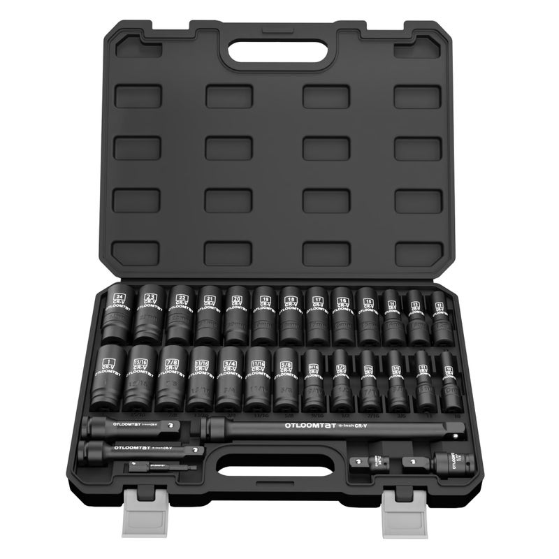 OTLOOMTBT 32PCS 12 Drive Impact Socket Set Heavy Duty IndustrialGrade Deep Sockets MetricSAE Full Set with Extension Bar CrV Steel CorrosionResistant Coating Premium Storage Case