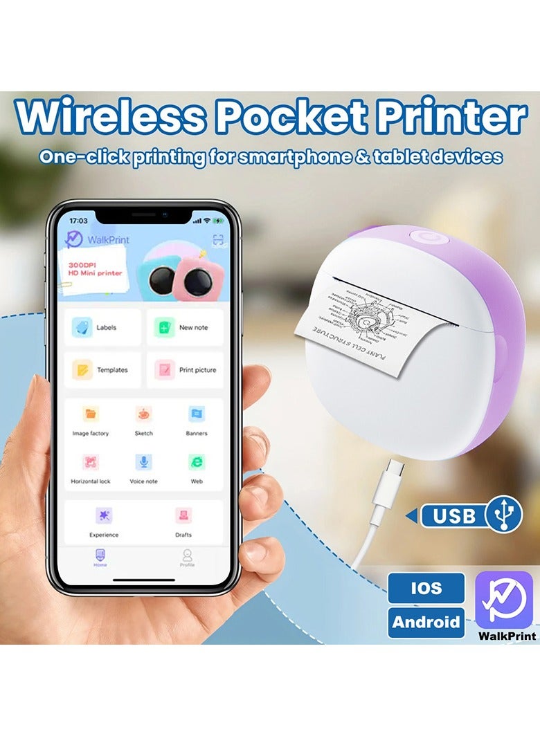 HD Mini Bluetooth Printer - Wrong Questions/Labels/Photos One Click Printing, Portable Thermal Printing Tool, Compatible with iOS/Android Sticker Wireless Inkless Printer with 13 Rolls of Paper, 6 Colored Pens, Essential Tool for Students/Offices  - Image 2