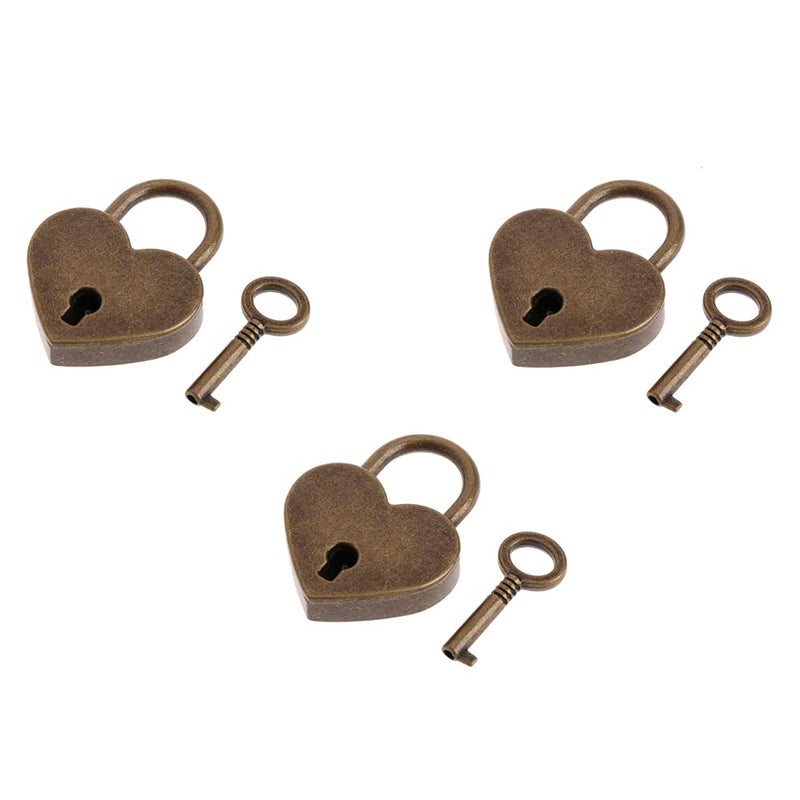 Rich Boxer 3Pcs Mini Bronze Antique Padlock Small Metal Heart Shaped Padlock Archaize Style Heart Shaped Lock Mini Lock with Key - Image 1