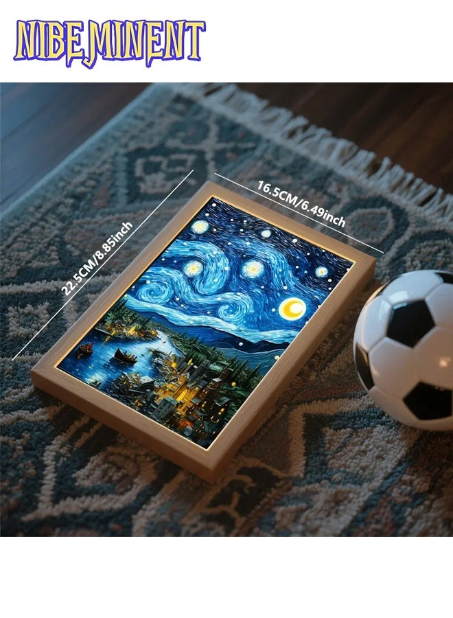 NIBEMINENT 1 قطعة إطار ضوء LED لنجوم الليل لفان جوخ - يعمل بالطاقة من USB، مصباح زخرفي قابل للتعديل للجدار والطاولة مع إضاءة دافئة إلى باردة للغرفة، المكتب، وأجواء المنزل، ضوء ليلي للغرفة | نمط آرت ديكو | إطار خشبي، أضواء LED للغرفة 16.5*22.5 سم - Image 3