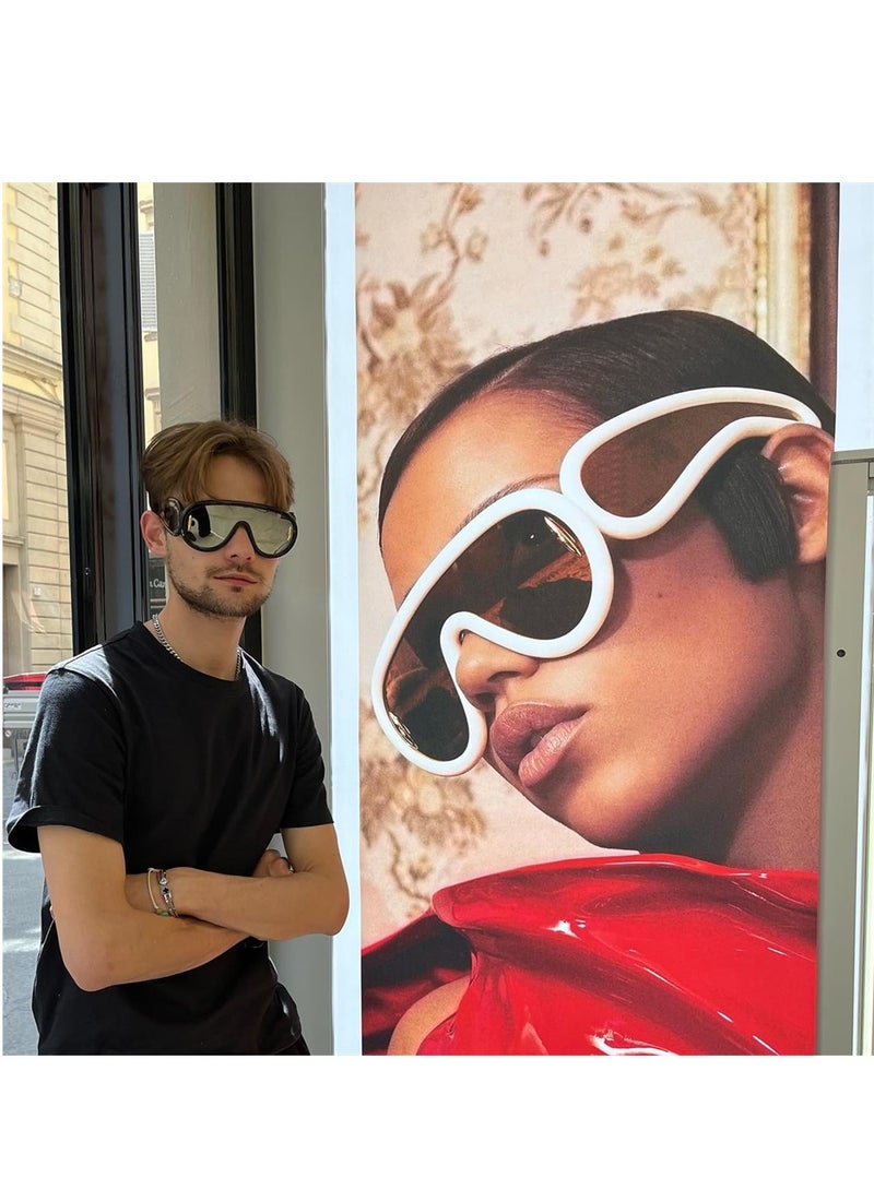 Excefore Fashion Wave Mask Sunglasses, Trendy Oversized One Piece Round Sunglasses, Women Men Fashion Smooth Frame Wave Mask Shades, Big Siamese Lenses, Luxury Designer Y2K Punk Shades - Image 2