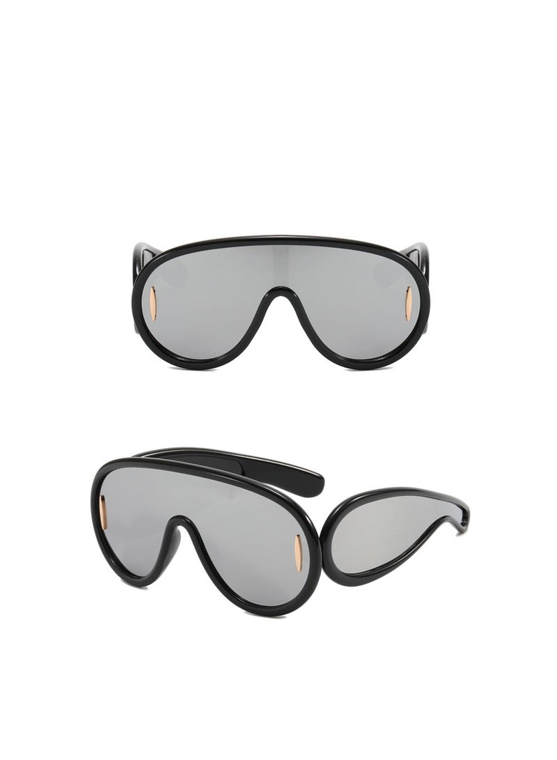 Excefore Fashion Wave Mask Sunglasses, Trendy Oversized One Piece Round Sunglasses, Women Men Fashion Smooth Frame Wave Mask Shades, Big Siamese Lenses, Luxury Designer Y2K Punk Shades - Image 1