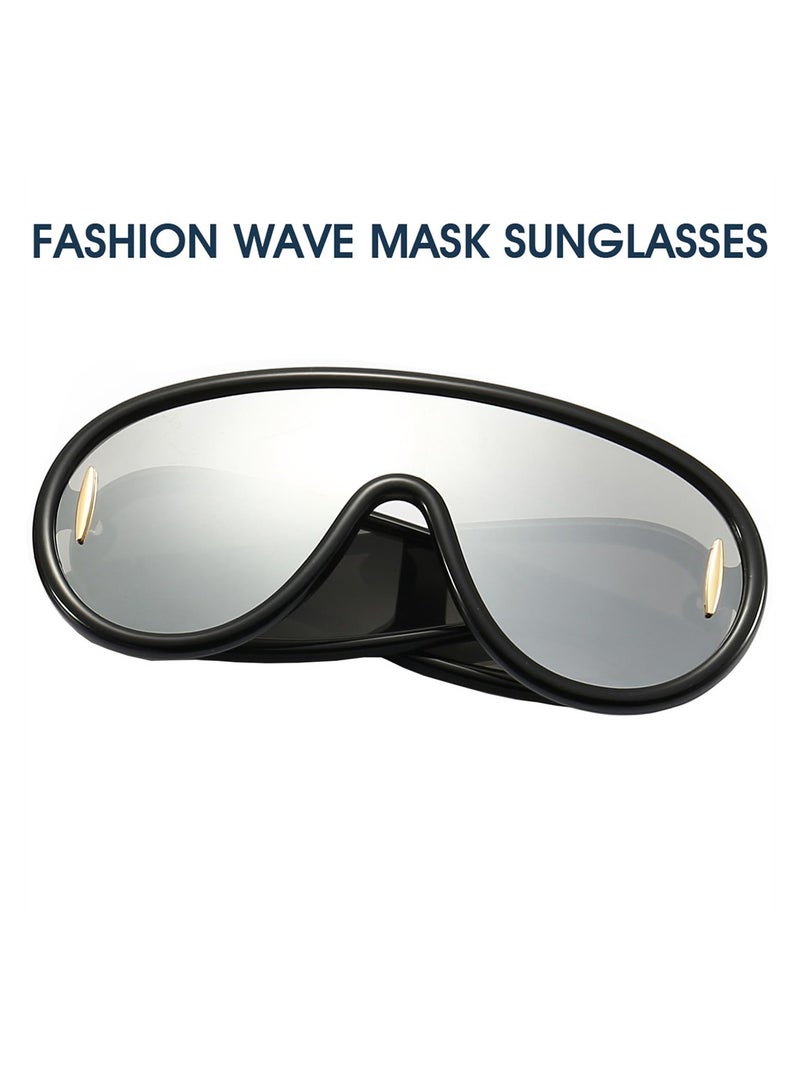 Excefore Fashion Wave Mask Sunglasses, Trendy Oversized One Piece Round Sunglasses, Women Men Fashion Smooth Frame Wave Mask Shades, Big Siamese Lenses, Luxury Designer Y2K Punk Shades - Image 5