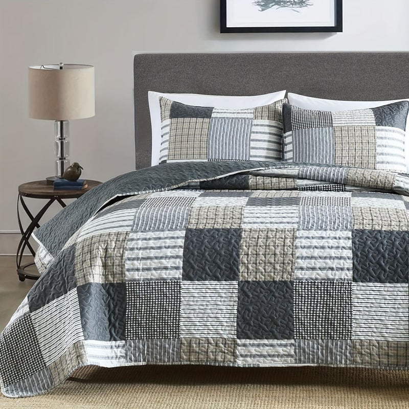 Twin Cyan Blue And Gray Block Lightweight Floral Patchwork Bedding Set 3 Pieces No Fill Comforter And 2 Pillowcases Soft Breathable For Bedroom Dorm Decor - Image 2