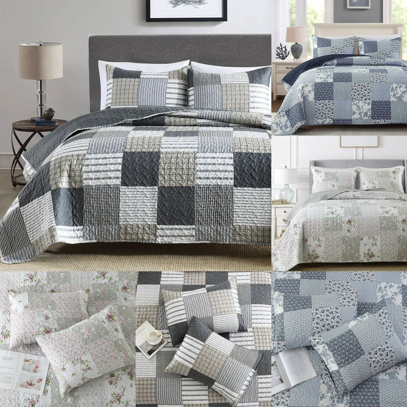 Twin Cyan Blue And Gray Block Lightweight Floral Patchwork Bedding Set 3 Pieces No Fill Comforter And 2 Pillowcases Soft Breathable For Bedroom Dorm Decor - Image 1
