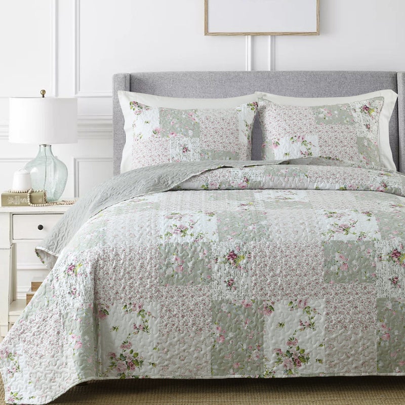 Twin Cyan Blue And Gray Block Lightweight Floral Patchwork Bedding Set 3 Pieces No Fill Comforter And 2 Pillowcases Soft Breathable For Bedroom Dorm Decor - Image 4