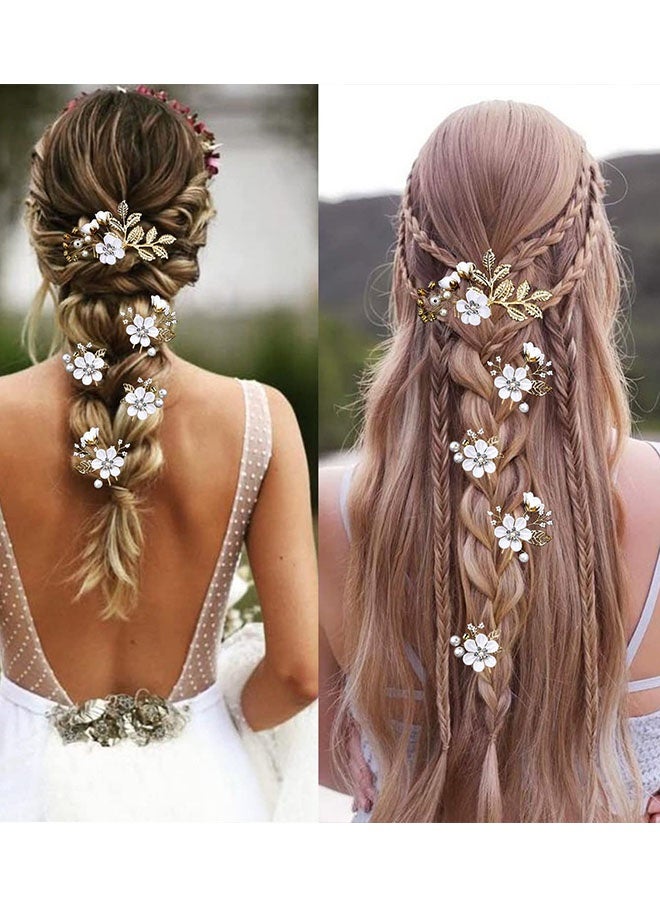 Happy D 5 Pieces Bridal Flower Wedding Hair Pins Crystal Pearl Hair Pins Clips Headpiece Gold Wedding Hair Accessories Jewelry with Rhinestone for Brides Bridesmaids Women Girls Updo(Pure White Flower) - Image 5