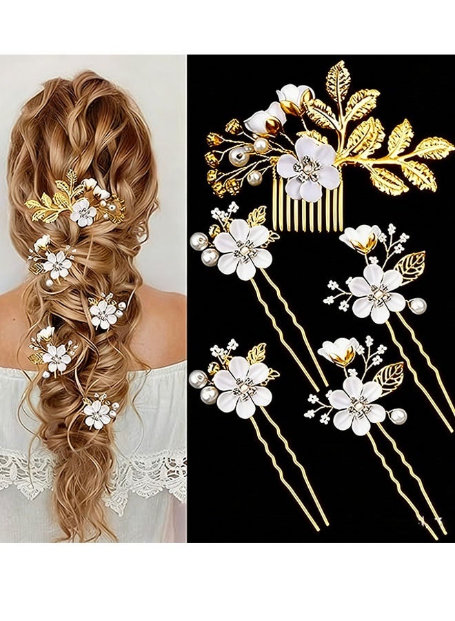 Happy D 5 Pieces Bridal Flower Wedding Hair Pins Crystal Pearl Hair Pins Clips Headpiece Gold Wedding Hair Accessories Jewelry with Rhinestone for Brides Bridesmaids Women Girls Updo(Pure White Flower) - Image 1