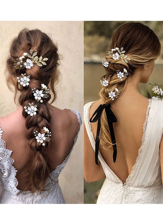 Happy D 5 Pieces Bridal Flower Wedding Hair Pins Crystal Pearl Hair Pins Clips Headpiece Gold Wedding Hair Accessories Jewelry with Rhinestone for Brides Bridesmaids Women Girls Updo(Pure White Flower) - Image 4