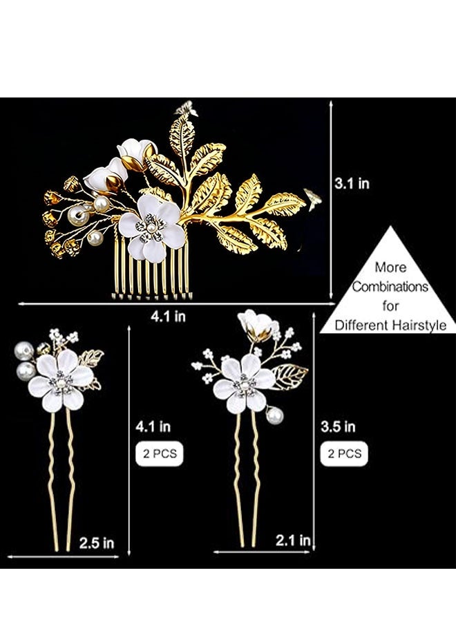 Happy D 5 Pieces Bridal Flower Wedding Hair Pins Crystal Pearl Hair Pins Clips Headpiece Gold Wedding Hair Accessories Jewelry with Rhinestone for Brides Bridesmaids Women Girls Updo(Pure White Flower) - Image 3