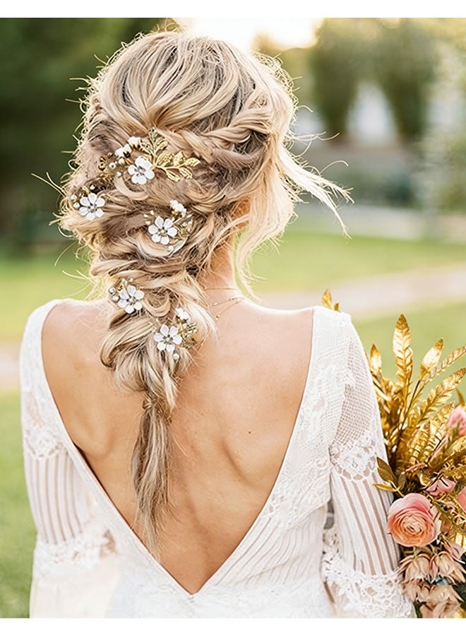 Happy D 5 Pieces Bridal Flower Wedding Hair Pins Crystal Pearl Hair Pins Clips Headpiece Gold Wedding Hair Accessories Jewelry with Rhinestone for Brides Bridesmaids Women Girls Updo(Pure White Flower) - Image 2
