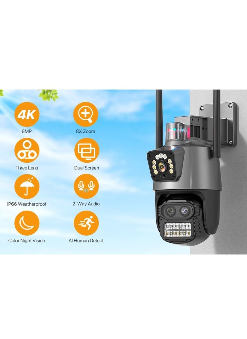 Generic - 8MP Three Lens WIFI IP Camera 4K HD Dual Screen PTZ Camera Auto Tracking Security CCTV Camera 4MP P2P Video Surveillance iCSee - Image 1