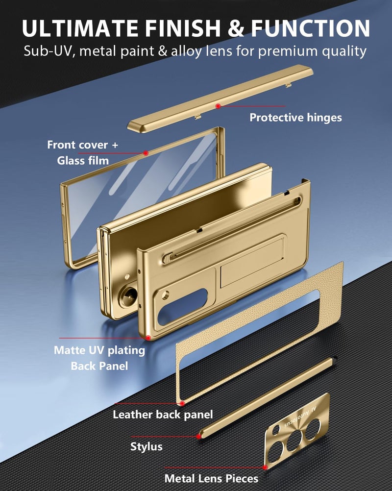 NINKI for Samsung Z Fold 5 Case with S Pen and Kickstand, Built in Screen Protector Hinge Protective Plating Leather Phone Cover for Samsung Galaxy Z Fold 5 Case with S Pen Holder and Stand â€“ Gold - Image 3