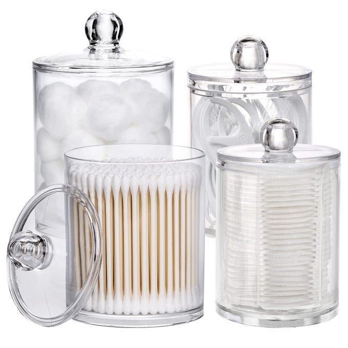 12 OZ 10 OZ QTIP HOLDER 4 PCS CLEAR RESTROOM BATHROOM ORGANIZERS AND STORAGE CONTAINERS FOR COTTON BALL COTTON SWAB COTTON ROUND PADS FLOSS PLASTIC APOTHECARY JARS SET WITH LIDS