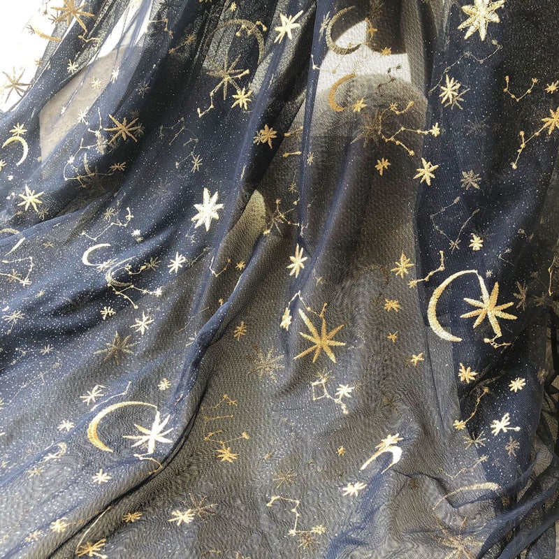 gelvs Golden Star Lace Fabric by The Yard Embroidery Stars Moon Navy Lace Tulle Fabric for Celestial Costume Home Decoration - Image 3