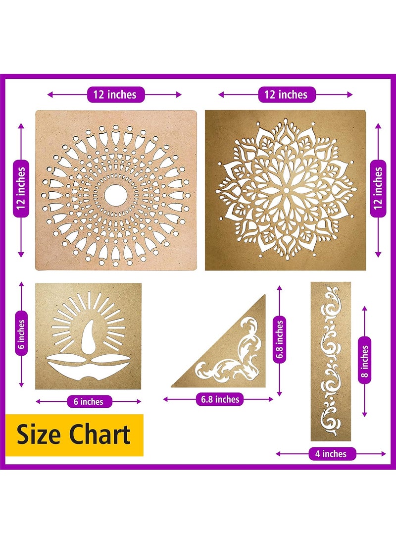 SOLOBOLO - Solobolo Mandala Rangoli Stencil with 6 Rangoli Colours| Mandala Rangoli Stencil | Diwali Diya Rangoli Stencil | Corner Rangoli Stencil |Border Rangoli Stencil | Set of 5 | RN501 - Image 1