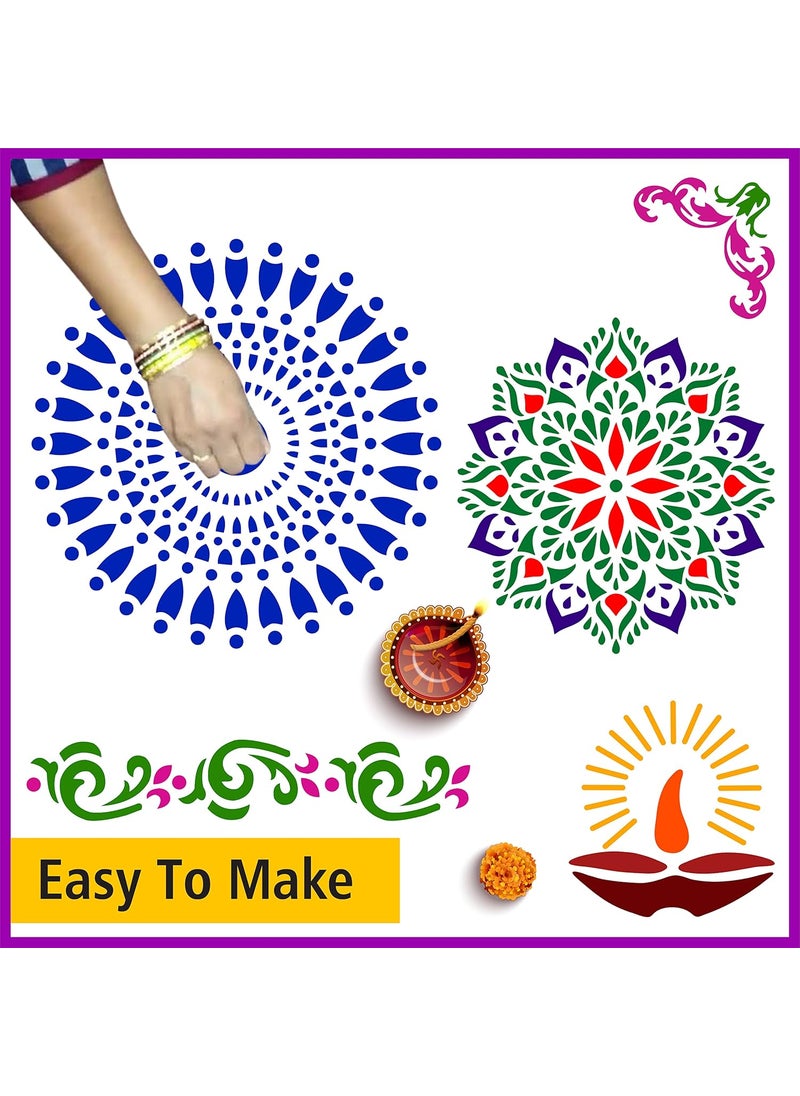 SOLOBOLO - Solobolo Mandala Rangoli Stencil with 6 Rangoli Colours| Mandala Rangoli Stencil | Diwali Diya Rangoli Stencil | Corner Rangoli Stencil |Border Rangoli Stencil | Set of 5 | RN501 - Image 1