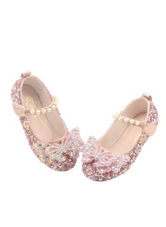 Generic New style girls' small high-heeled leather shoes with sequined uppers and bowknot princess shoes for stage performances  - Image 1