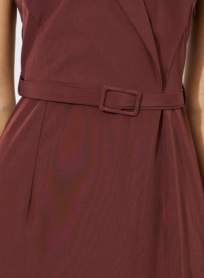 Styli  Brown Solid Belted Sleeveless Sheath Midi Dress for Women | Best Price UAE