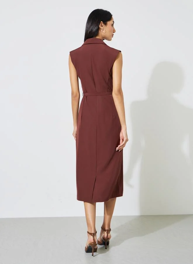 Styli  Brown Solid Belted Sleeveless Sheath Midi Dress for Women | Best Price UAE