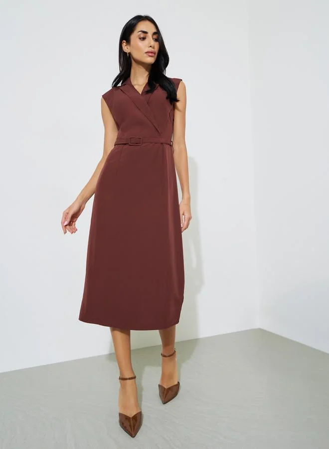Styli  Brown Solid Belted Sleeveless Sheath Midi Dress for Women | Best Price UAE