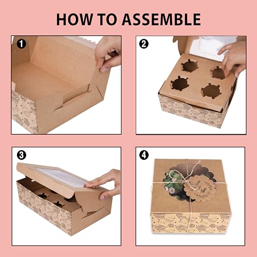 mudrit Cupcake Boxes with Insert, Brown Cupcake Carrier, Food Grade Kraft Bakery Boxes with Windows and Inserts to Fit 4 Each Pack For Cupcakes Muffins or Pastries (Pack of 20) - Image 4