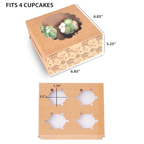 mudrit Cupcake Boxes with Insert, Brown Cupcake Carrier, Food Grade Kraft Bakery Boxes with Windows and Inserts to Fit 4 Each Pack For Cupcakes Muffins or Pastries (Pack of 20) - Image 3