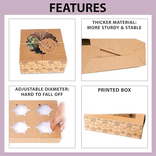 mudrit Cupcake Boxes with Insert, Brown Cupcake Carrier, Food Grade Kraft Bakery Boxes with Windows and Inserts to Fit 4 Each Pack For Cupcakes Muffins or Pastries (Pack of 20) - Image 5