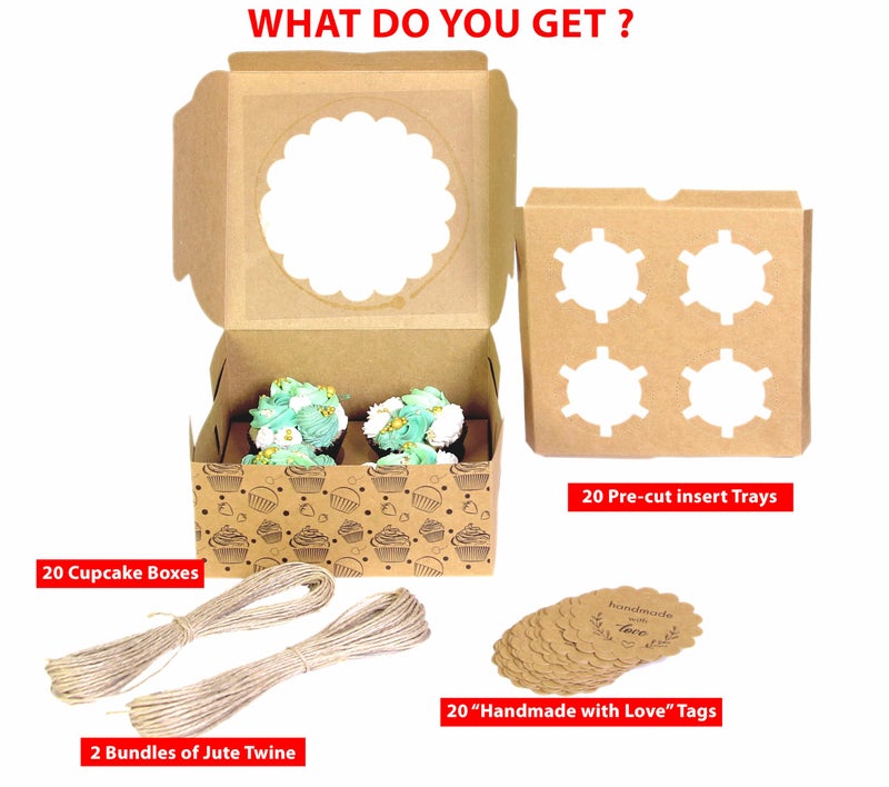 mudrit Cupcake Boxes with Insert, Brown Cupcake Carrier, Food Grade Kraft Bakery Boxes with Windows and Inserts to Fit 4 Each Pack For Cupcakes Muffins or Pastries (Pack of 20) - Image 2