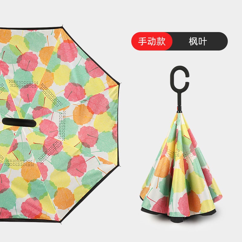 Hands-Free C-Handle Standable Reverse Umbrella Maple leaf hand opening style 