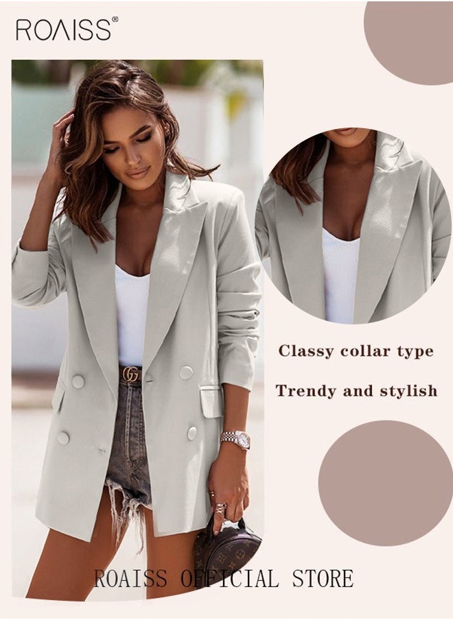 roaiss Women's Casual Business Blazer Fashion Solid Color Straight Shoulders Slim Fit Office Coat Ladies Classic Lapel Button Open Placket Suit Jacket with Shoulder Pads Beige  - Image 4