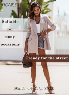 roaiss Women's Casual Business Blazer Fashion Solid Color Straight Shoulders Slim Fit Office Coat Ladies Classic Lapel Button Open Placket Suit Jacket with Shoulder Pads Beige  - Image 3