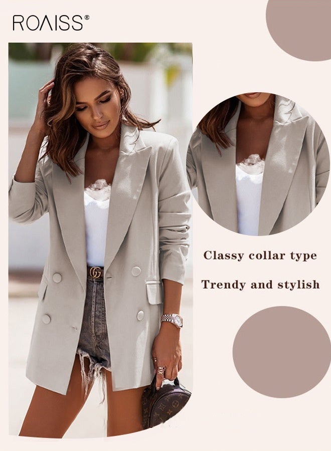 roaiss Women's Casual Business Blazer Fashion Solid Color Straight Shoulders Slim Fit Office Coat Ladies Classic Lapel Button Open Placket Suit Jacket with Shoulder Pads Beige - Image 4